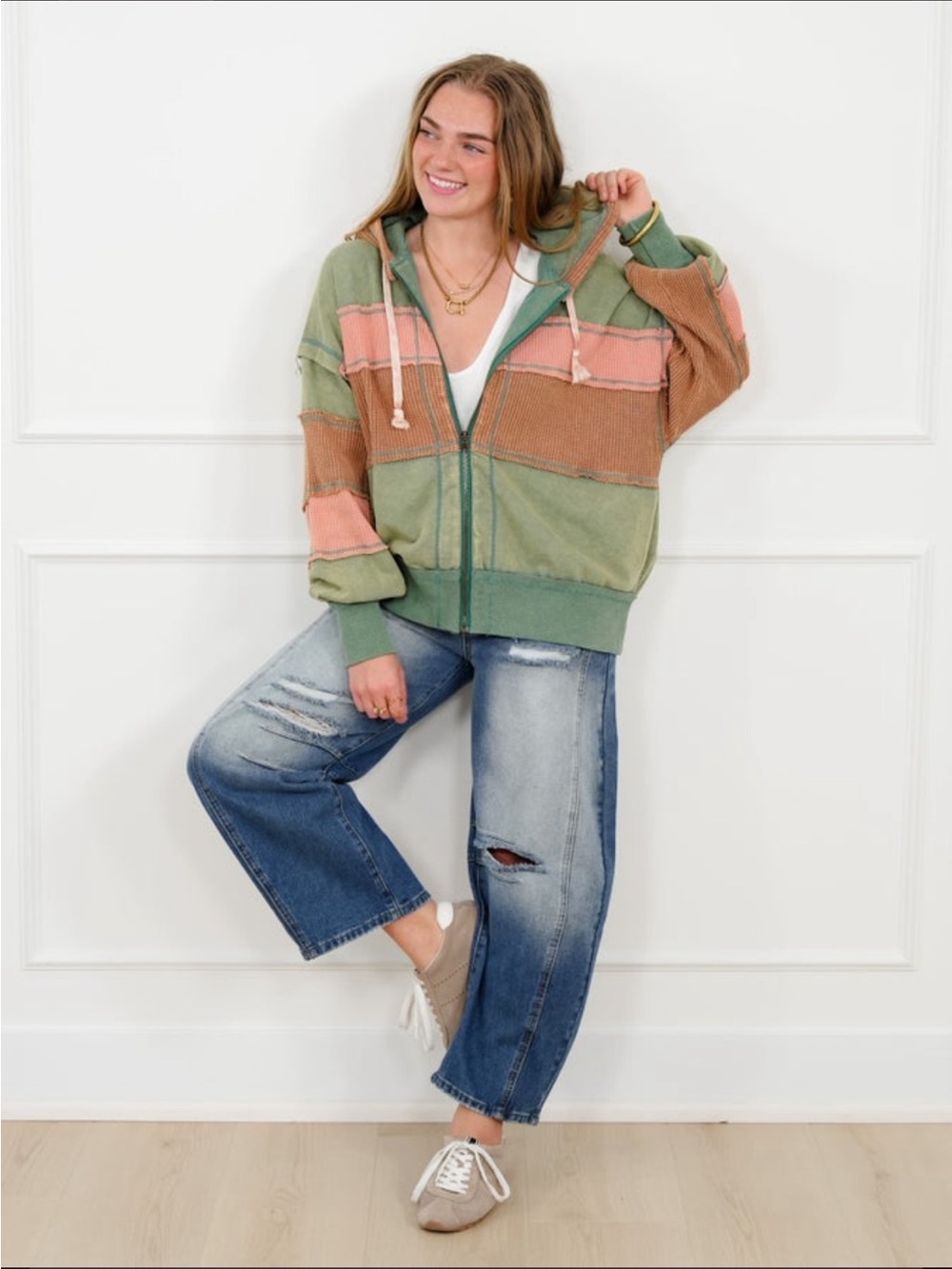 Oli & Hali Olive Green and Dusty Pink Hooded Zip-Up Bomber Jacket - Picture 7 of 8